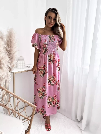 Royalfashion Damska różowa sukienka midi z roślinnym wzorem