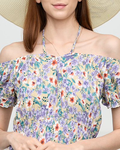 Długa letnia zielona sukienka damska w fioletowe kwiaty- Odzież