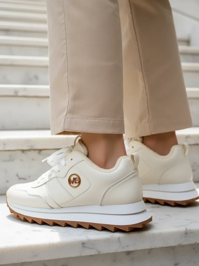 Royalfashion Alba Ženski topli športni copati iz belega ekološkega usnja na platformi