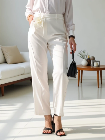 Royalfashion Viskozne ravne ženske hlače z rožo