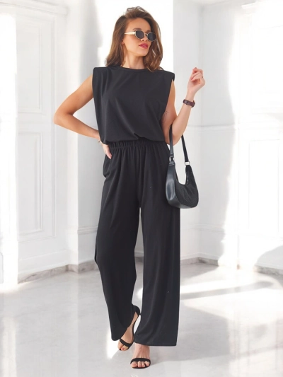 Royalfashion Ženski rebrasti viskozni komplet, brezrokavnik in z razširjenimi hlačami