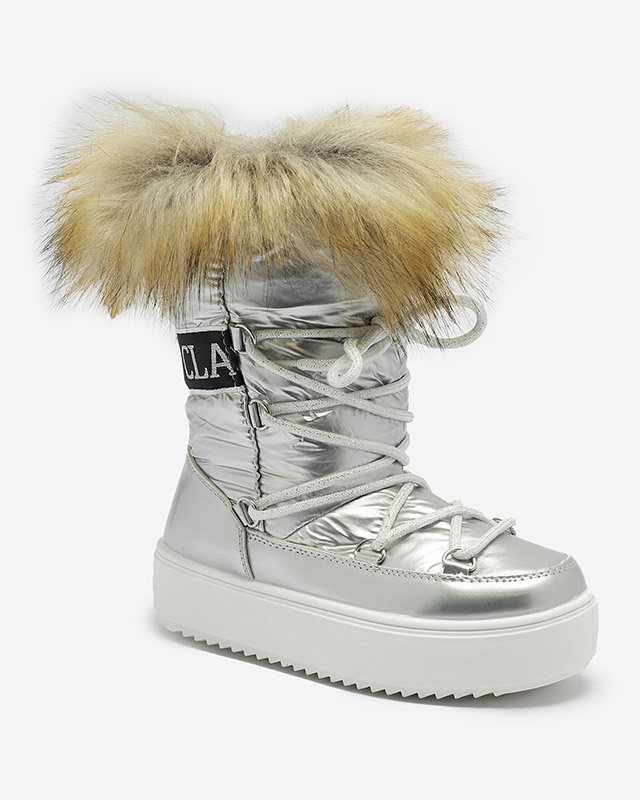 Royalfashion Srebrne dziecięce wsuwane buty a'la śniegowce z futerkiem Asika