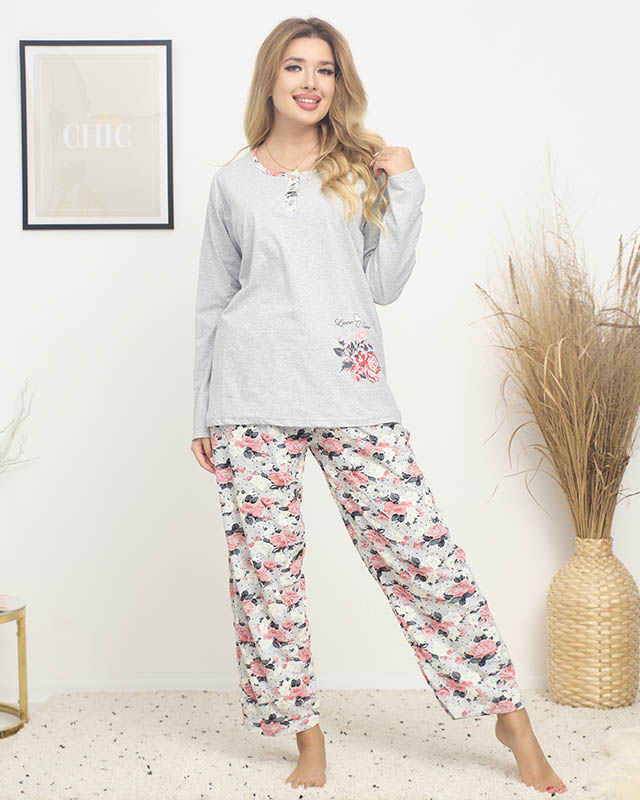 Royalfashion Piżama damska z printem w kwiaty w kolorze szarym PLUS SIZE