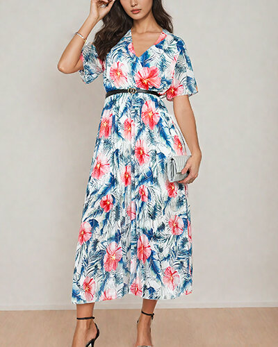 Royalfashion Ženska plisirana cvetlična midi obleka