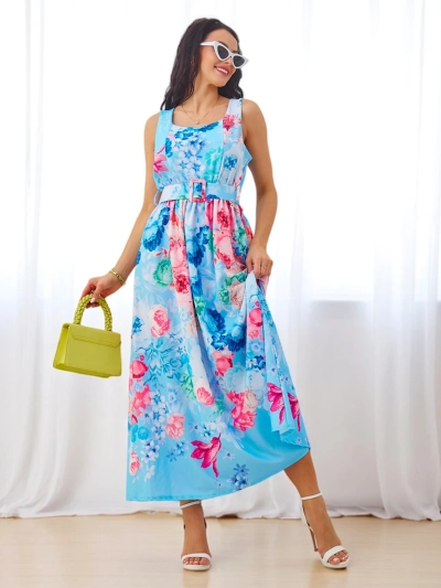 Royalfashion Ženska midi obleka iz viskoze s trakovi, z belim v različnih cvetličnih vzorcih