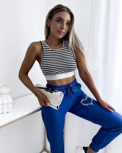 Royalfashion Damskie niebieskie spodnie dresowe z ozdobą z cyrkonii