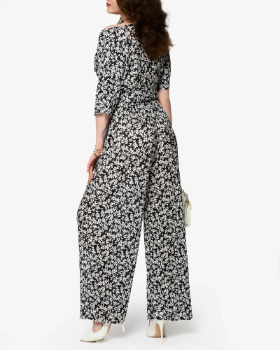 Royalfashion Czarny damski plisowany komplet w kwiatki