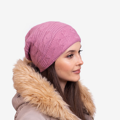 Ciemnoróżowa ciepła damska dwuwarstwowa czapka - Akcesoria