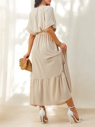 Royalfashion Ženska midi obleka s kratkimi rokavi in dekorativnimi gumbi