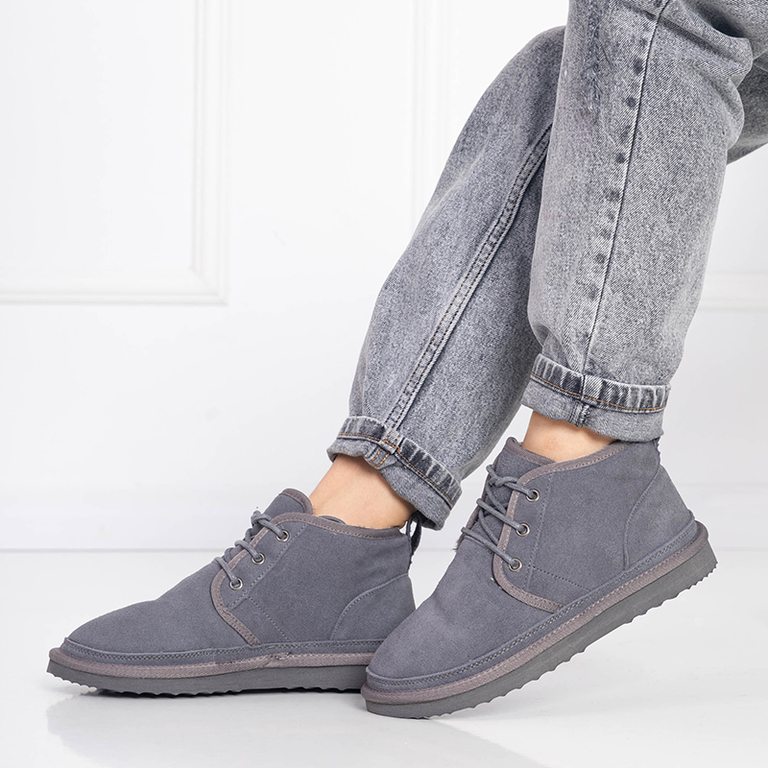 Royalfashion Szare wiązane damskie buty a'la śniegowce z futerkiem Miusho