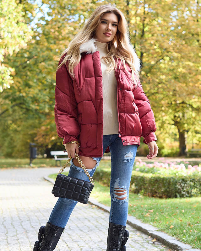 Royalfashion Bordowa damska kurtka zimowa z syntetycznym ociepleniem