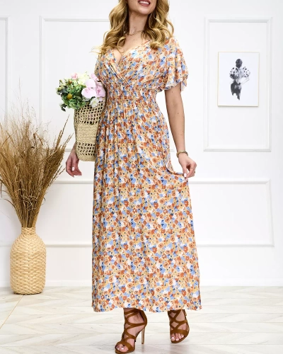 Royalfashion Pomarańczowo- niebieska damska kwiecista sukienka midi