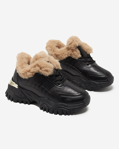Royalfashion Sportowe czarne buty damskie z futerkiem Flixis