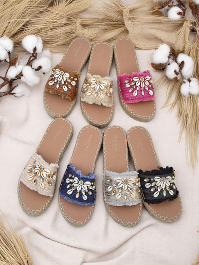 Ženski sandali Royalfashion Helena Decor črni espadrile s školjkami