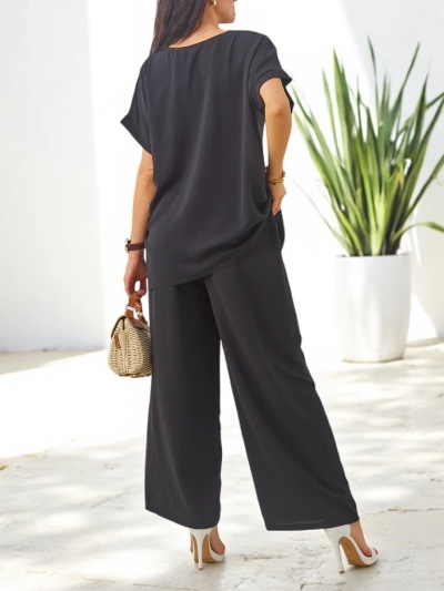 Royalfashion Ženski komplet s kratkimi rokavi, dekorativno cvetje in široke hlače