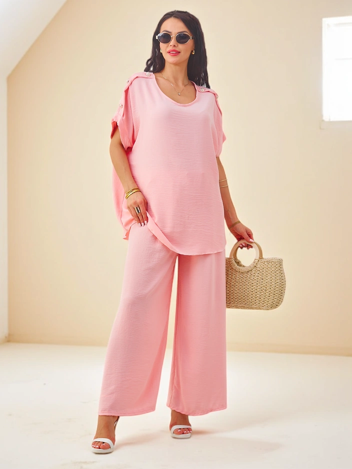 Royalfashion Ženski bombažni komplet s kratkimi rokavi in širokimi hlačami