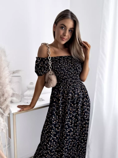 Royalfashion Kwiecista czarna damska sukienka midi