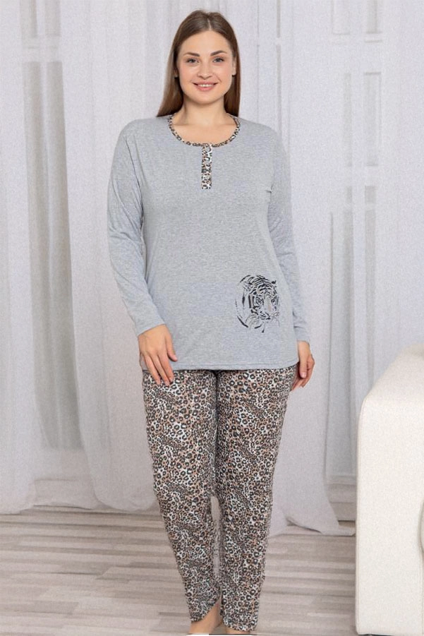 Royalfashion Sive ženske 2-delne pajamas z motivom leoparda VELIKOST PLUS