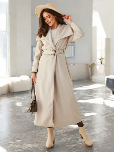Royalfashion Ženski maxi plašč s pasom