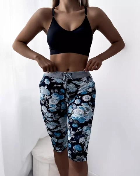 Royalfashion Temno modre ženske 3/4 hlače s cvetličnim vzorcem PLUS SIZE
