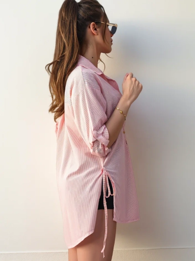 Royalfashion Dolga bombažna ženska srajca z nataknjenimi trakovi in pasom