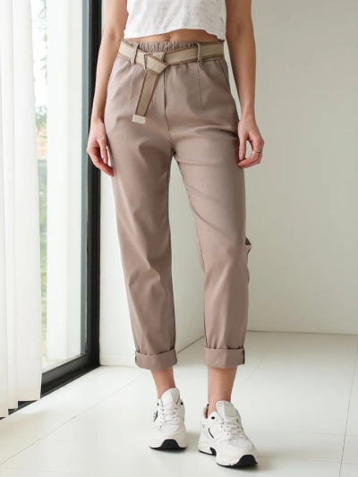 Royalfashion Ženske ravne tkane hlače z pasom