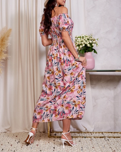 Royalfashion Różowa sukienka damska midi w kwiaty
