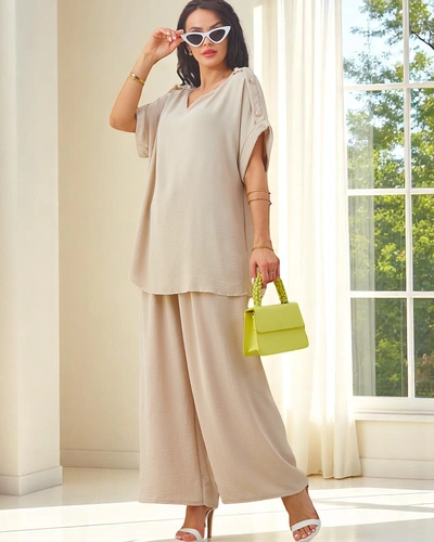 Royalfashion Ženski bombažni set s kratkimi rokavi in razširjenimi hlačami