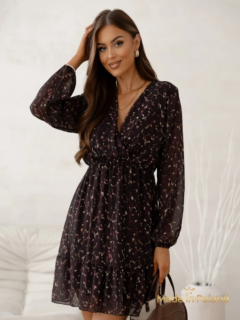 Royalfashion Ženska mini obleka z vzorcem, volančki in preklopnim izrezom