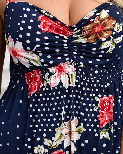 Royalfashion Granatowa damska midi sukienka na ramiączkach w groszki