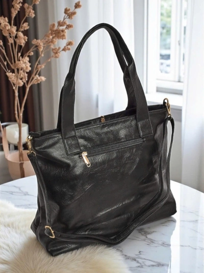 Ženska torbica iz eko usnja Nerina – črna shopper torba italijanskega stila z zadrgo