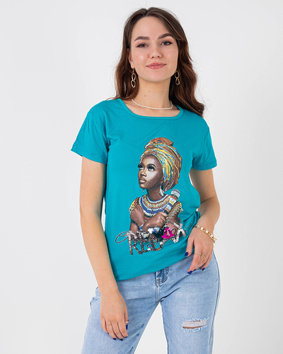 Royalfashion Niebieski damski t-shirt z kolorowym printem i cekinami