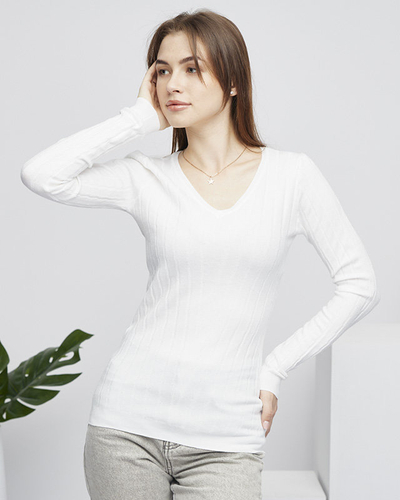 Royalfashion Sweter damski z dekoltem w serek w kolorze białym