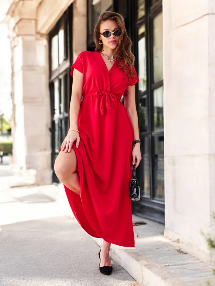 Royalfashion Ženska midi obleka z ovitim dekoltejem, kratkimi rokavi in pasom