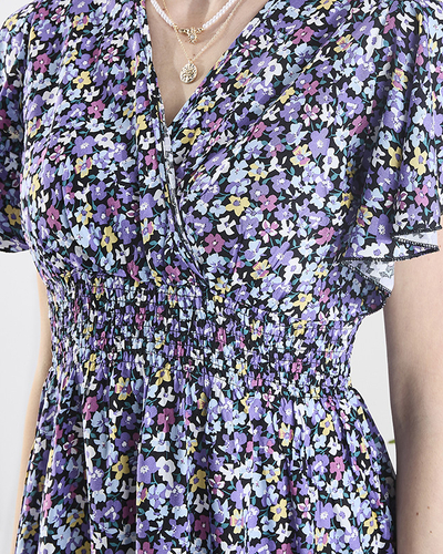 Royalfashion Czarna damska długa sukienka w  fioletowe kwiaty