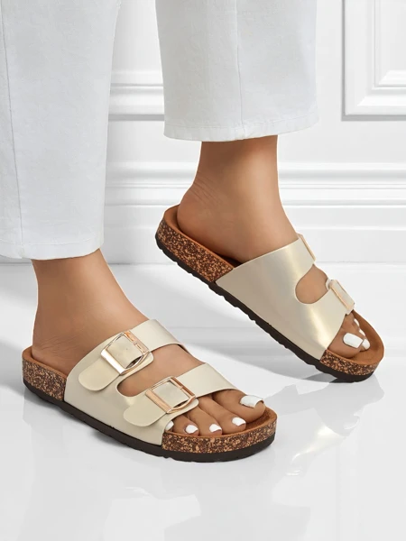 Ženski sandali Royalfashion Aurelia gold – ravni natikači iz eko usnja (velikost 39)