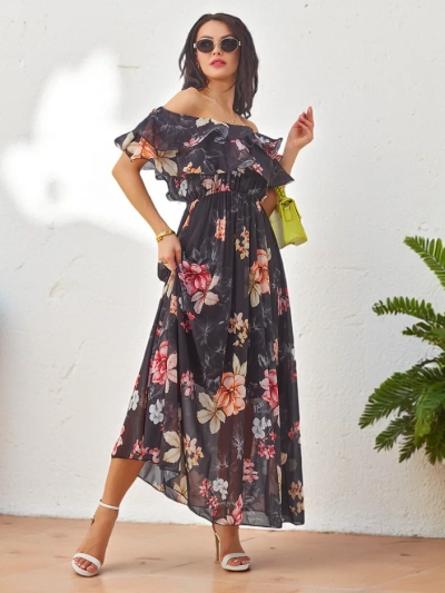 Royalfashion Ženska obleka brez naramnic s kratkimi rokavi v različnih cvetličnih vzorcih