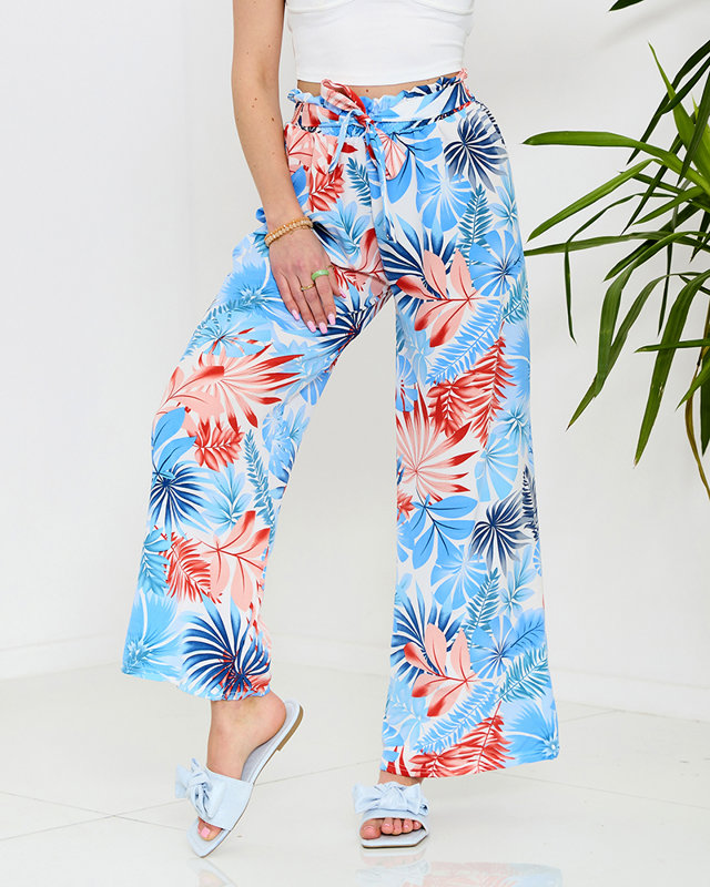 Royalfashion Niebieskie damskie spodnie palazzo z roślinnym wzorem