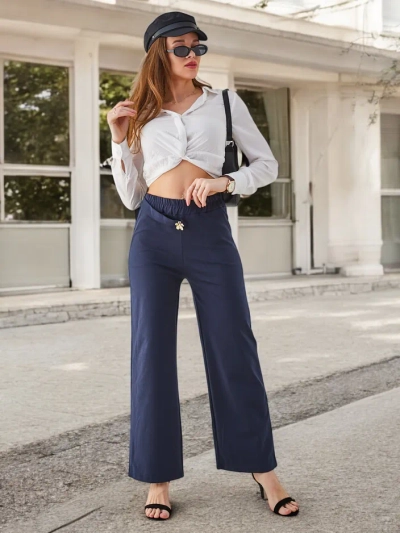 Royalfashion bomba široke ženske hlače iz bombaža z okrasjem, podobnim pasu