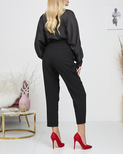 Royalfashion Damska czarna długa satynowa bluzka z wiązaniem