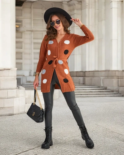 Royalfashion Brązowy damski wiązany kardigan z kolorowymi kółkami