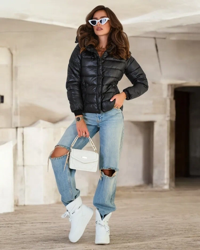 Royalfashion Črna ženska prešita jakna s kapuco