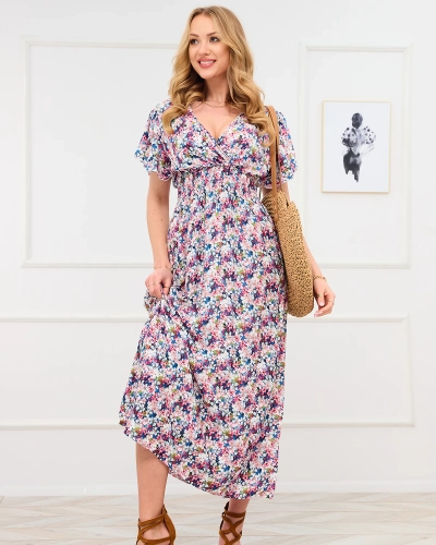 Royalfashion Niebiesko- różowa damska sukienka maxi w kwiaty