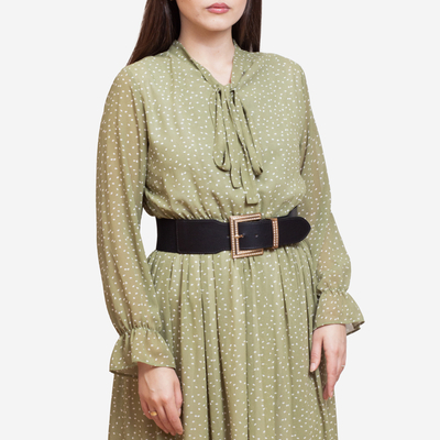 Czarny damski szeroki pasek z dużą złotą klamrą z cyrkoniami - Akcesoria