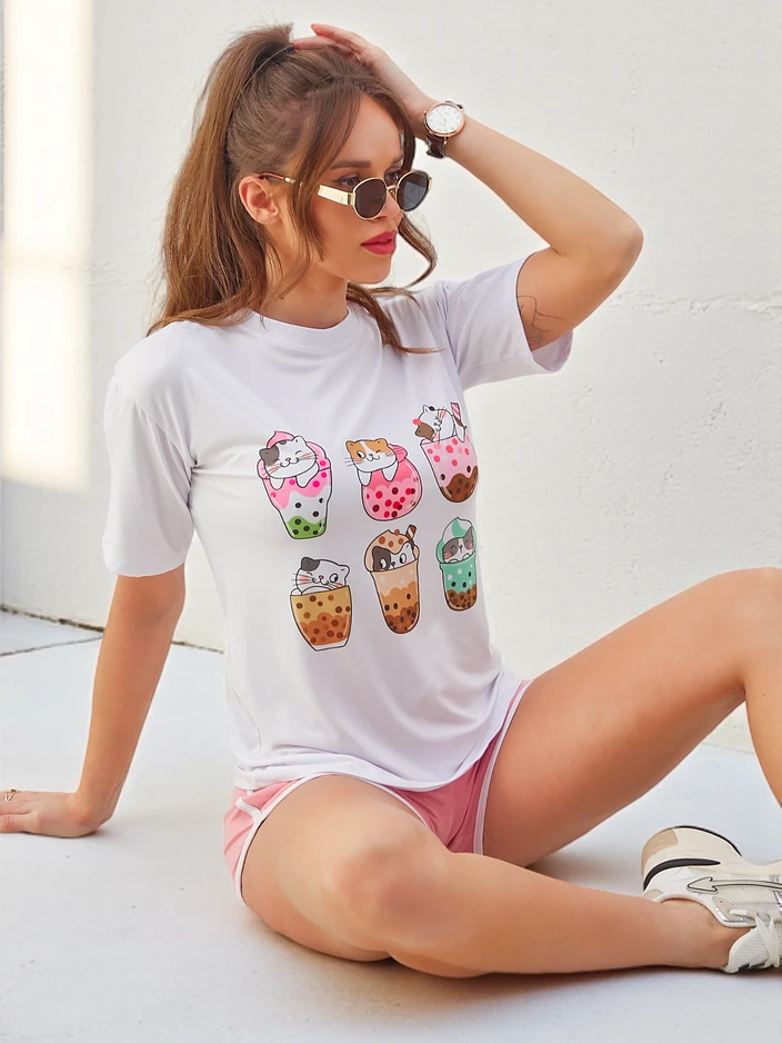 Royalfashion Ženski športni set s t-shirtom in kratkimi hlačami Kitty Cat