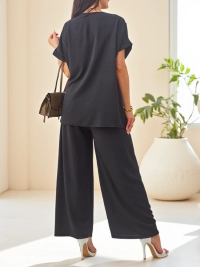 Royalfashion Ženski bombažni komplet s kratkimi rokavi in širokimi hlačami