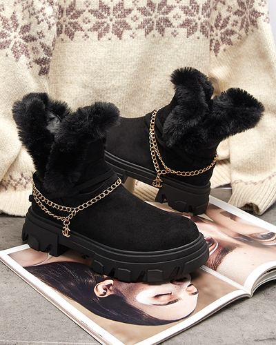 Royalfashion Czarne damskie eko-zamszowe botki z łańcuszkiem Videric