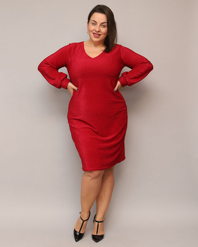 Royalfashion Bleščeča ženska obleka pred koleni v rdeči barvi PLUS SIZE