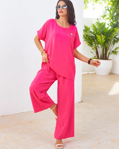 Royalfashion Ženski komplet s kratkimi rokavi, dekorativni cvet in široke hlače