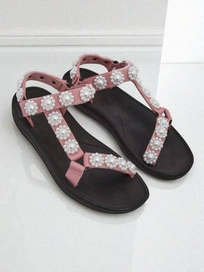 Sandali Letitia Royalfashion roza s platformo - biserni džeti klasični